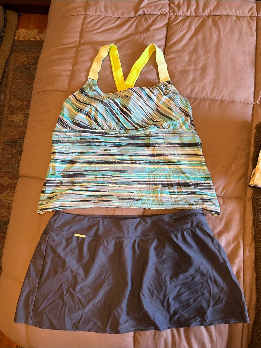 Women’s teal/gray/white Striped Tankini Set